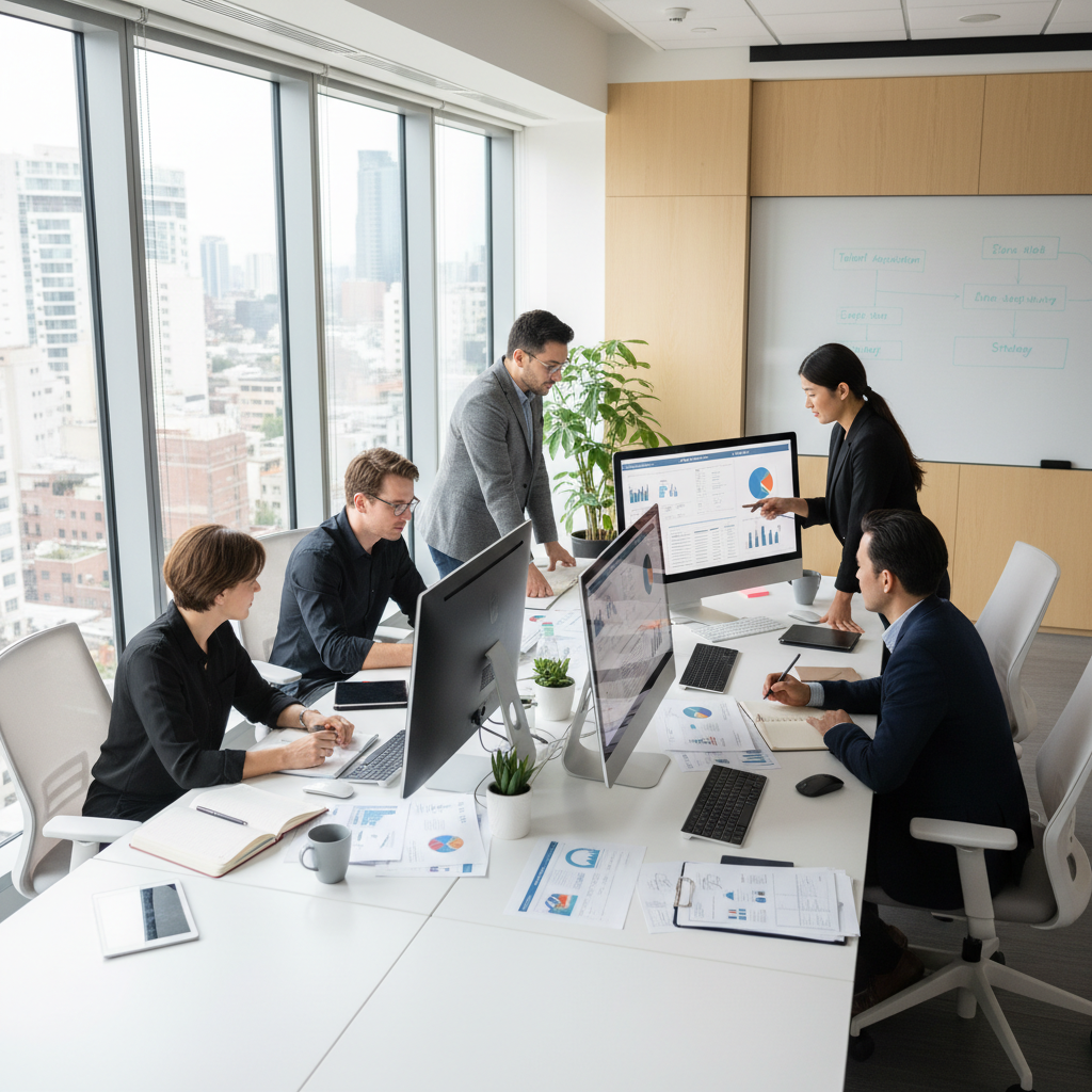 Professional in a bright modern office looking at documents, open workspace, Georgia business setting