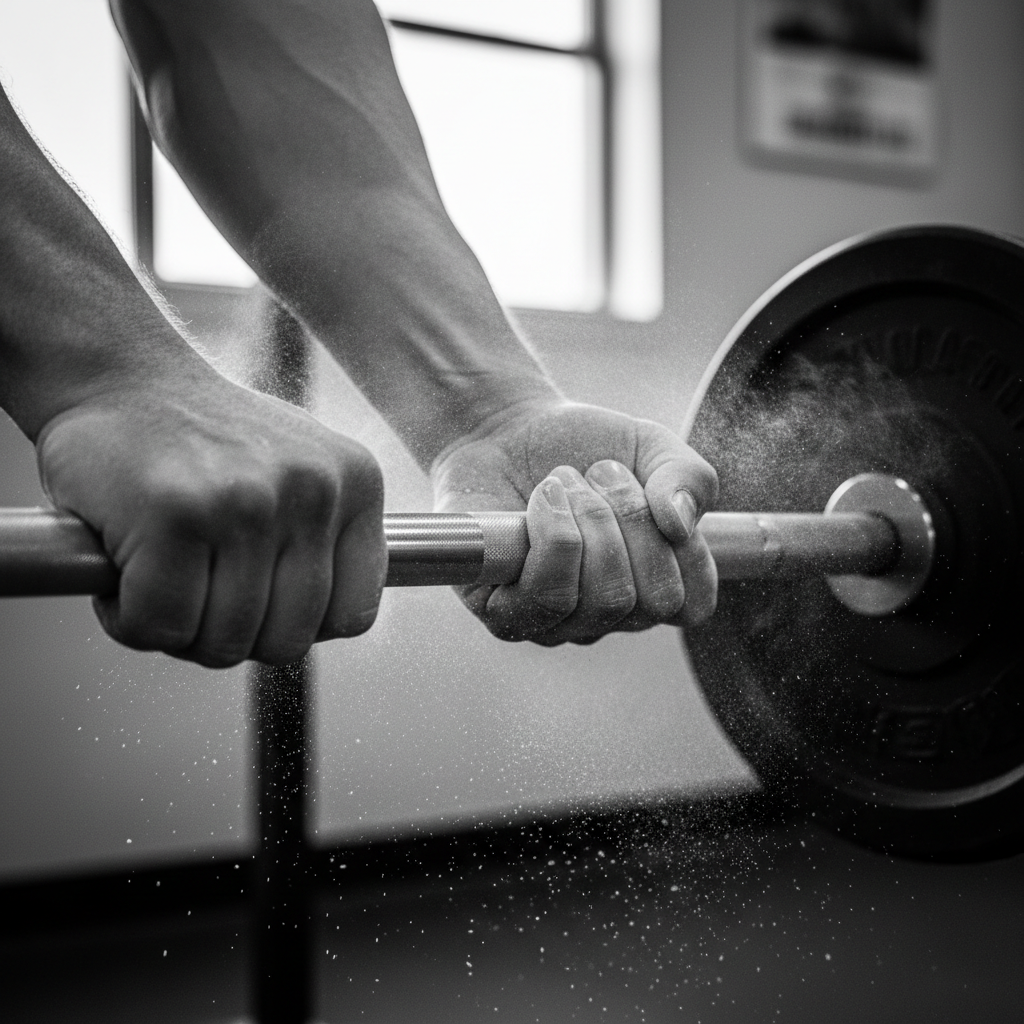 Hands chalking a barbell before a heavy deadlift, black and white photograph