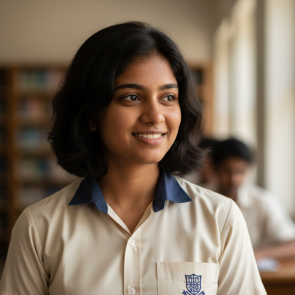 Professional headshot of Indian female engineer in her mid-20s, smiling confidently, professional background