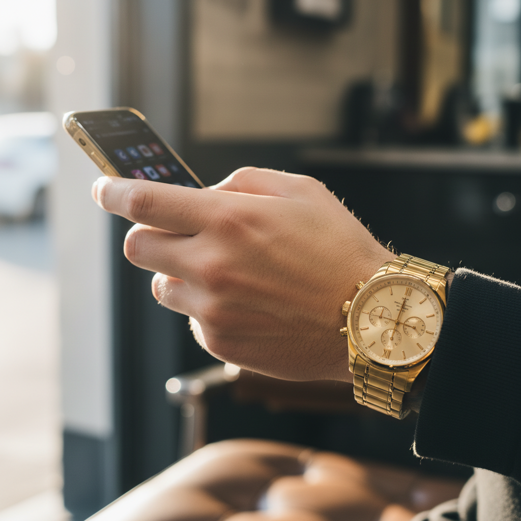 Barber hand with gold watch holding phone in front of shop