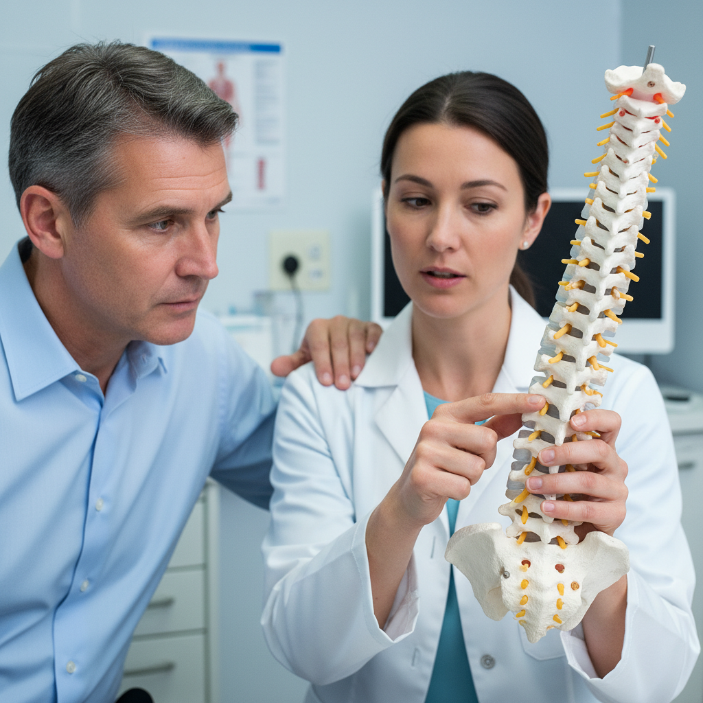 Dr. James Okafor in consultation, explaining disc health with anatomical model to a patient
