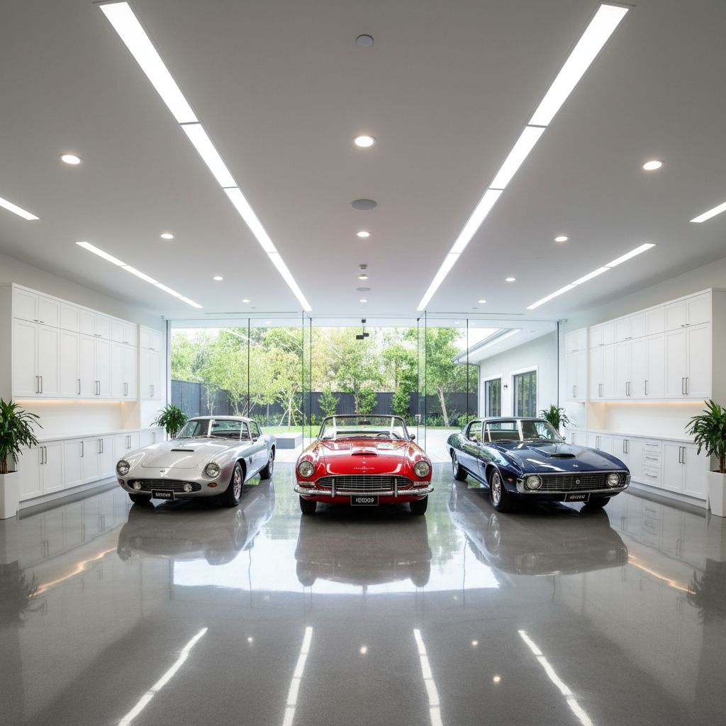 Completed luxury garage showroom with gleaming epoxy floor, custom white cabinetry, and three classic cars on display — Forge project The Collector's Bay
