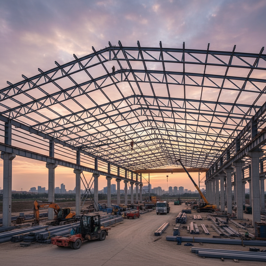 Modern industrial building under construction at dusk, steel frame silhouette against dark cloudy sky, dramatic low-angle view