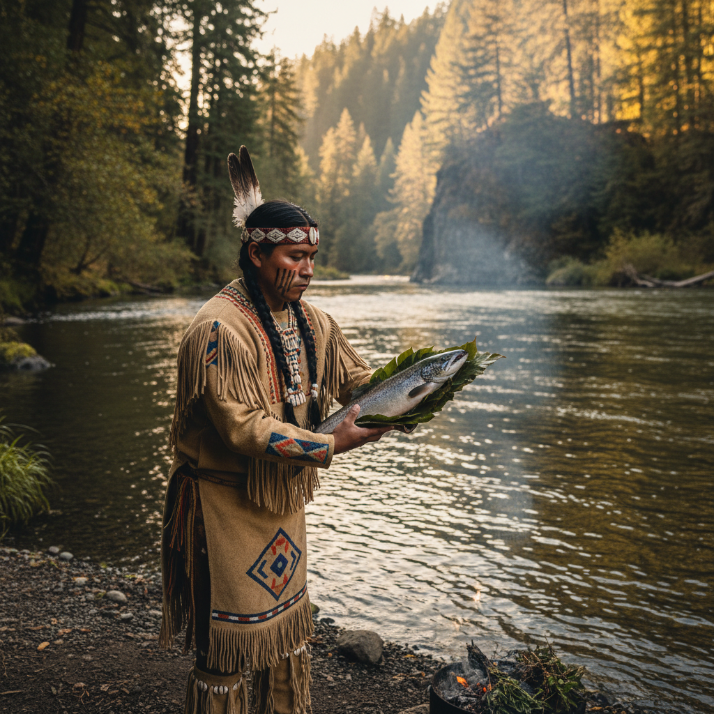 Yurok tribal member standing at the Klamath River during salmon ceremony documentation