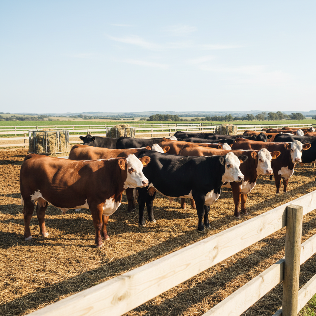 Beef cattle in finishing pen, healthy and well-conditioned, UK farm setting