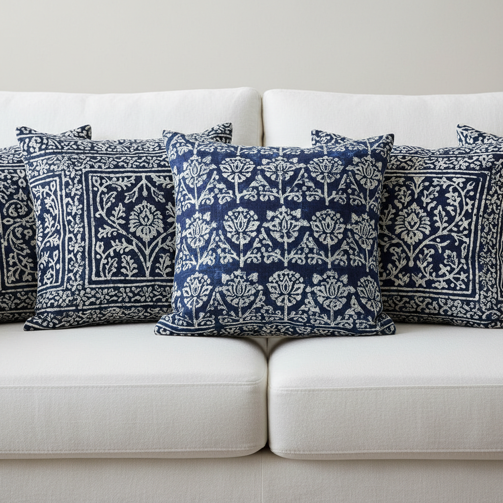 Colorful handloom cushion covers on bright white sofa