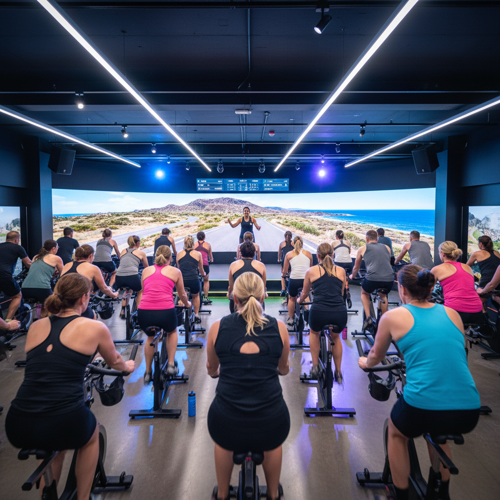 Indoor cycling spinning class with athletes on bikes in dark atmospheric gym