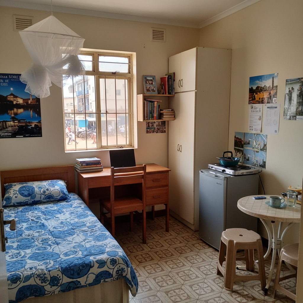 Compact bedsitter room with single bed, small wardrobe and tiled floor in a clean residential apartment