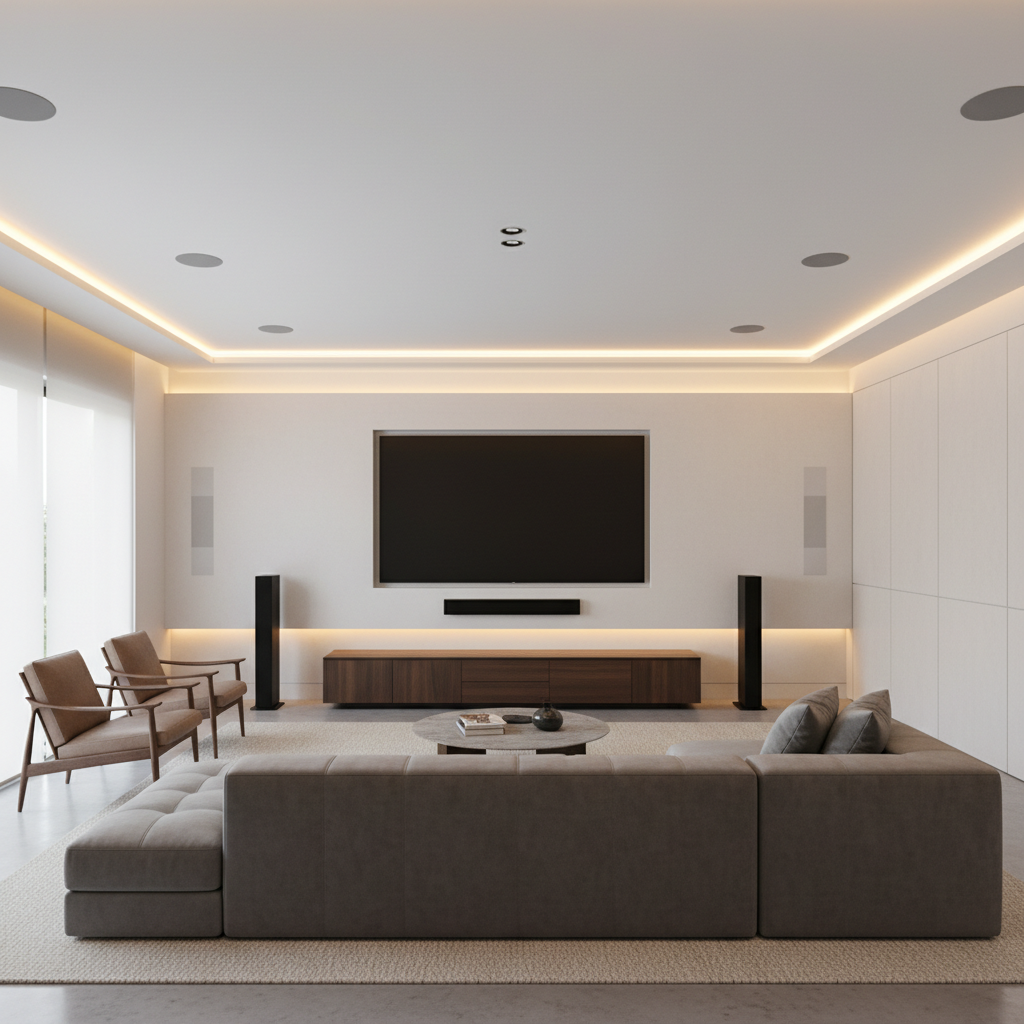 Living room home theater setup with hidden wiring, wall-mounted display, and professional speaker placement