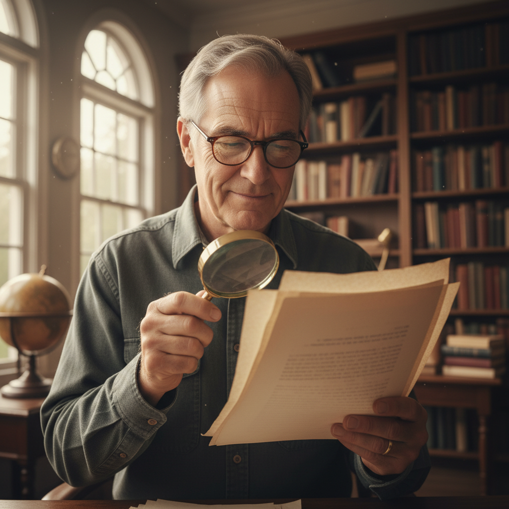 An older adult examining documents at a library research station with bookshelves in the background