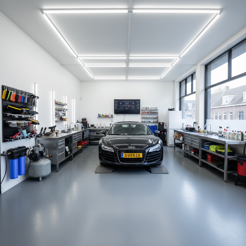 Luxury car being professionally detailed in a dark studio, deep shadows and reflective paint surface