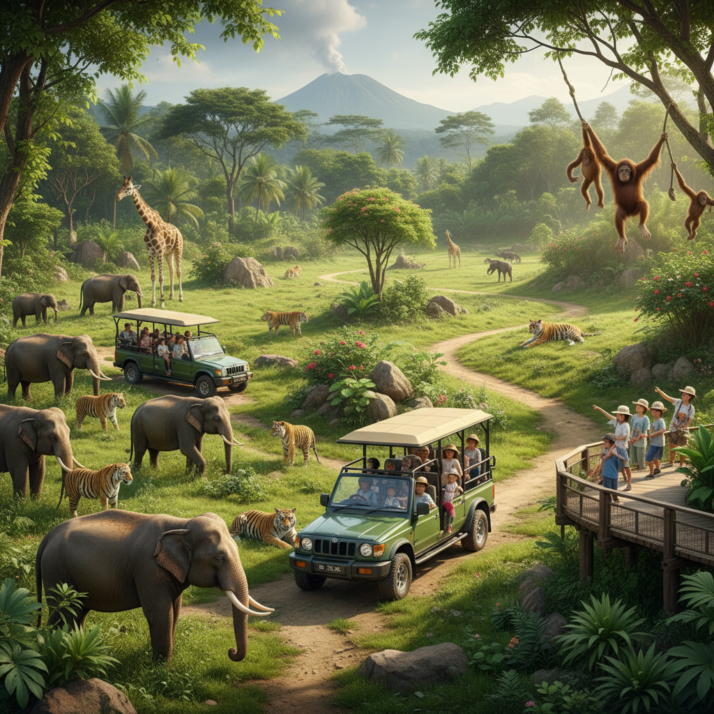 Hewan-hewan liar di Taman Safari Indonesia dengan pengunjung keluarga yang menikmati safari