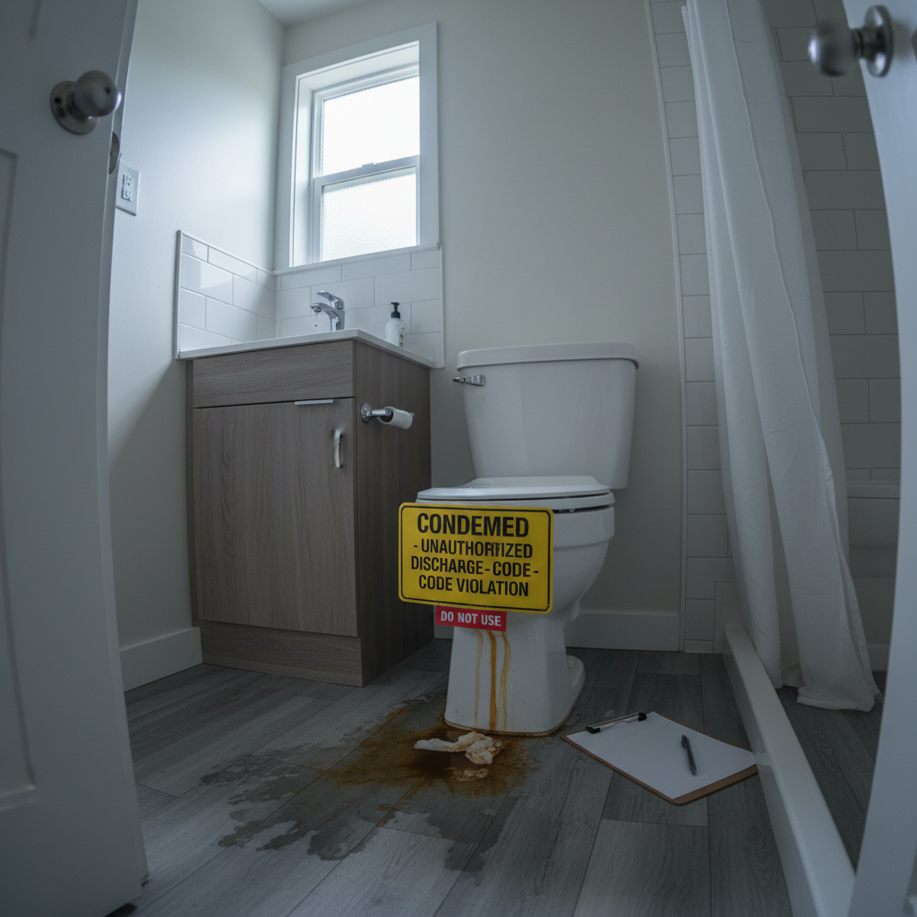 Tiny house bathroom with leaking RV cassette toilet flagged by code officer