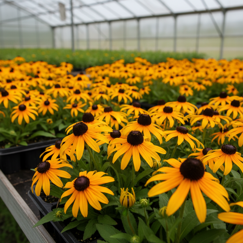 Black-eyed Susan rudbeckia yellow flowers in greenhouse flat trays