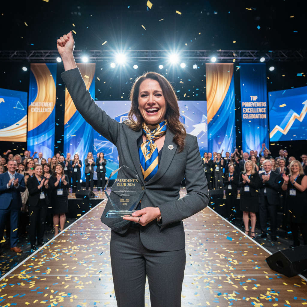 Sales professional receiving President's Club award on stage in front of audience