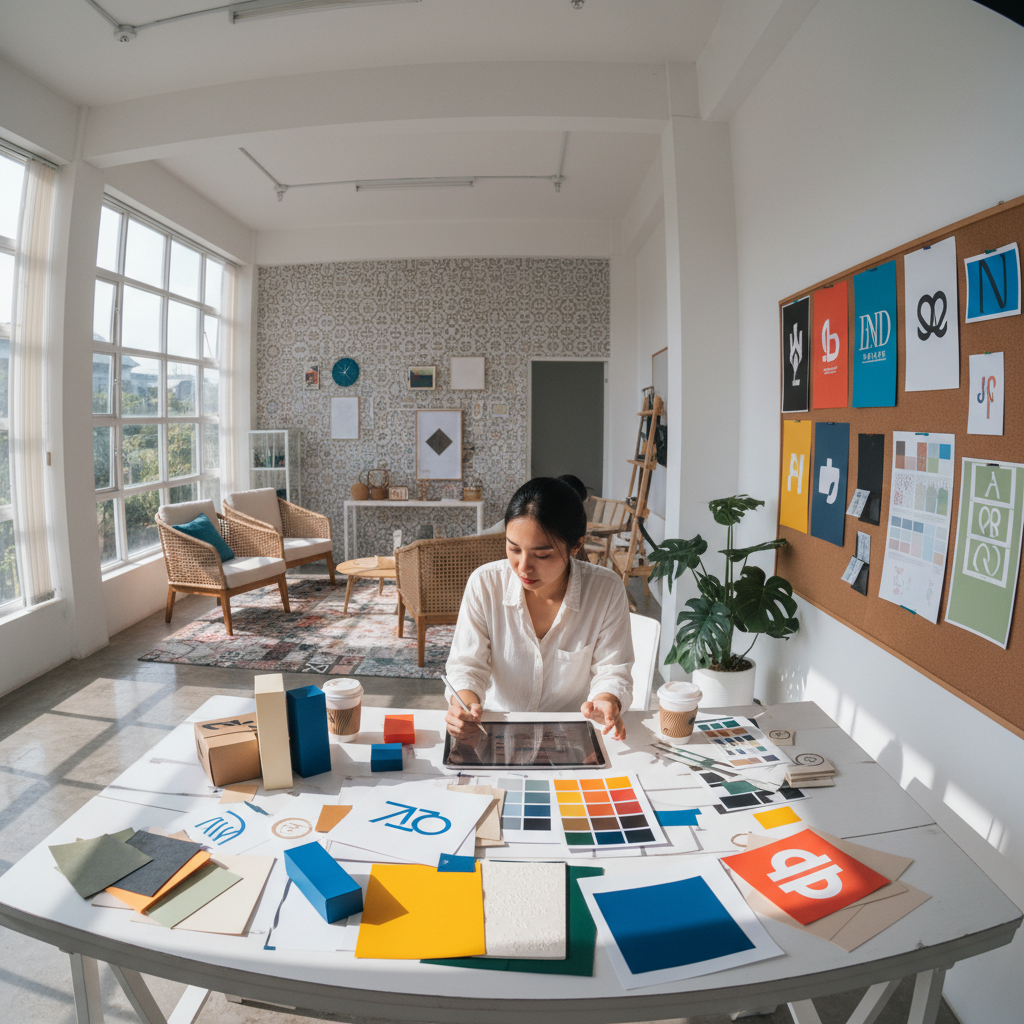 Designer working at a bright, airy studio desk with color swatches, notebooks, and design mockups