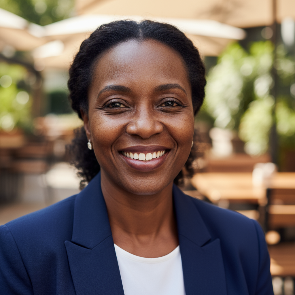 Nigerian-Canadian woman in a stylish outfit smiling confidently against a bright, sun-drenched Mediterranean backdrop with white architecture