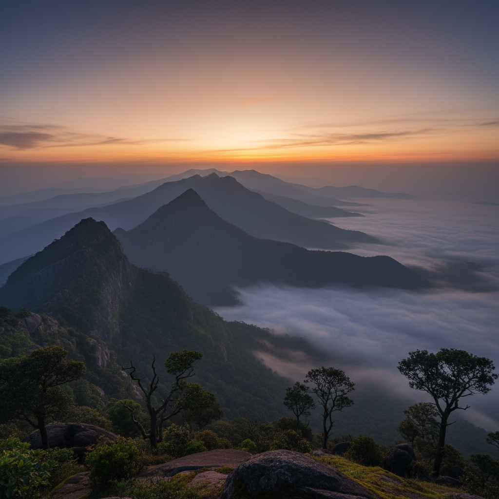 Baba Budangiri mountain range - ancient misty mountains at dusk with dark silhouetted ridgelines and atmospheric haze