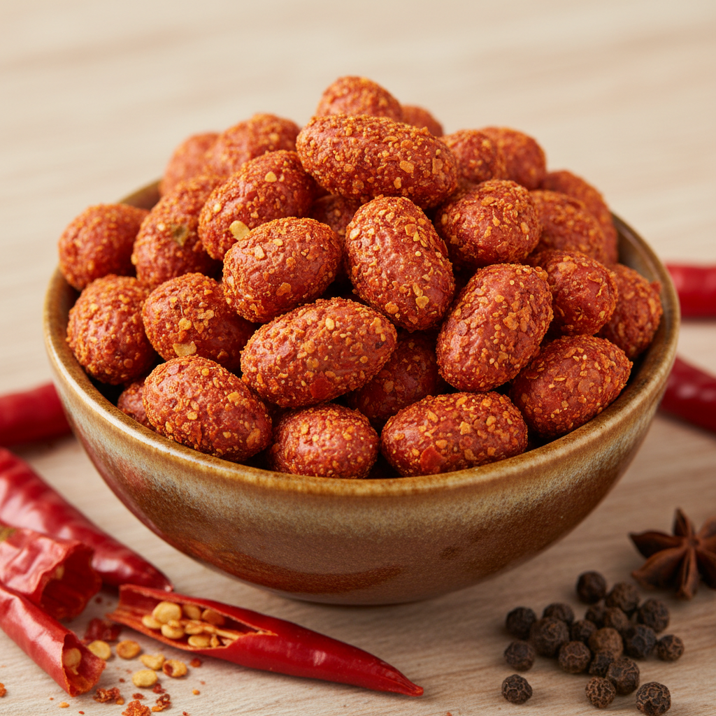 Red coated Sichuan mala spiced peanuts in a small bowl with chili peppers