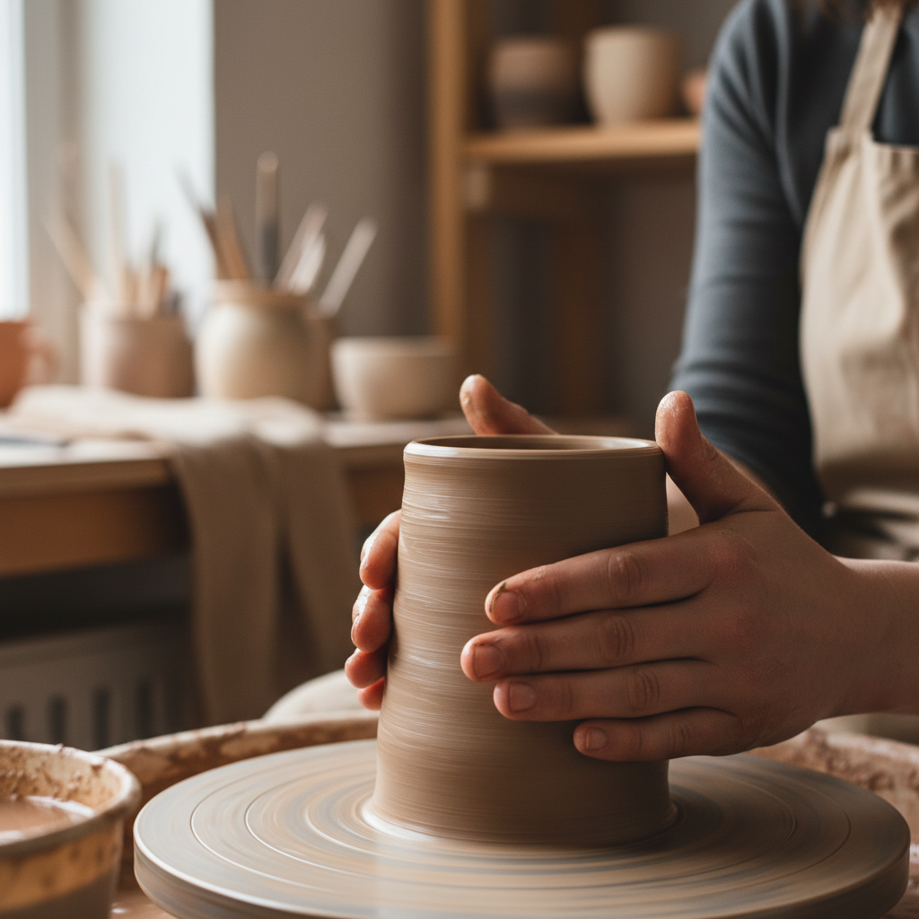 Hands shaping clay on pottery wheel in bright ceramics studio, earthy tones, natural window light