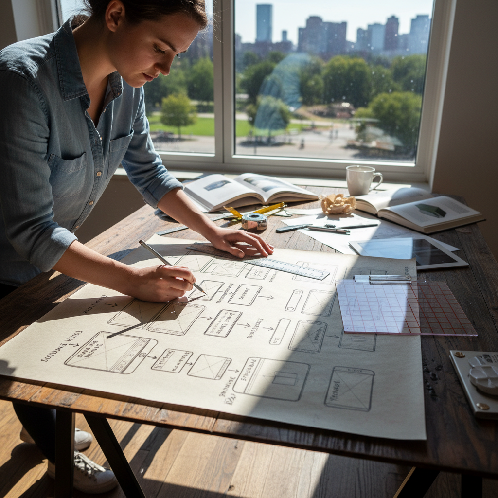 Designer sketching wireframes in a Moleskine notebook with a blue pen, surrounded by sticky notes on a warm-lit wooden desk