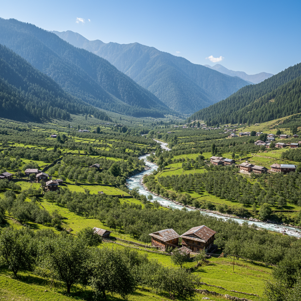 Pahalgam valley with green meadows, pine forests on mountain slopes, Lidder river flowing through valley floor, bright summer day