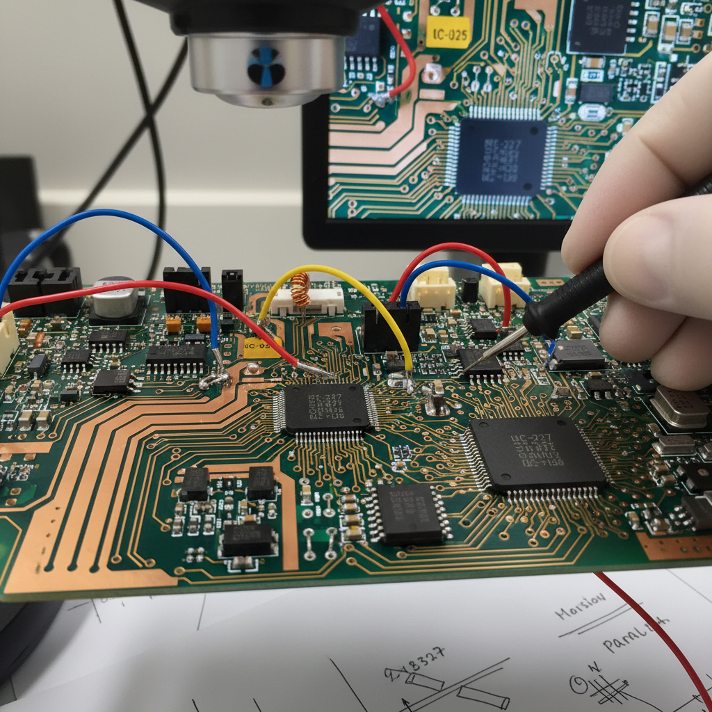 Close-up of PCB circuit board traces and components under engineering review
