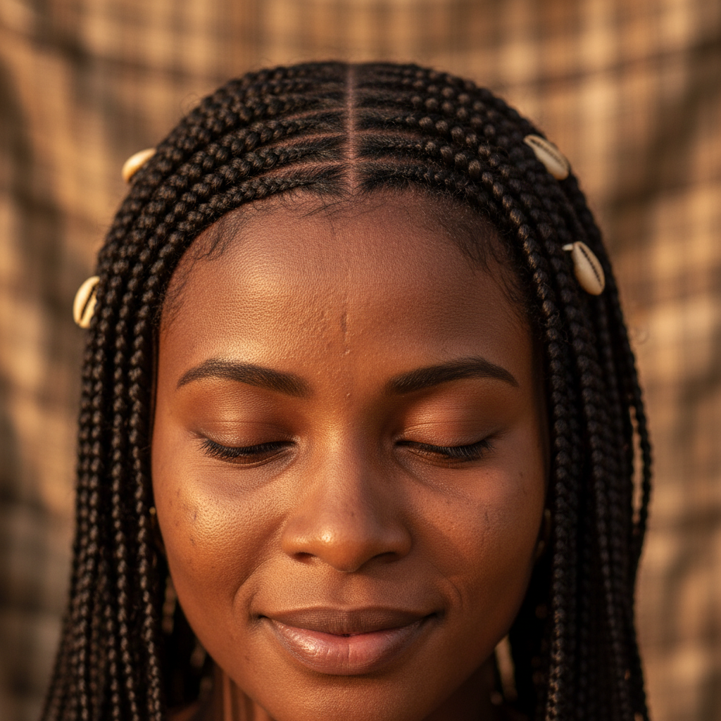 Yoruba woman with traditional irun didi braiding style, intricate patterns close to the scalp