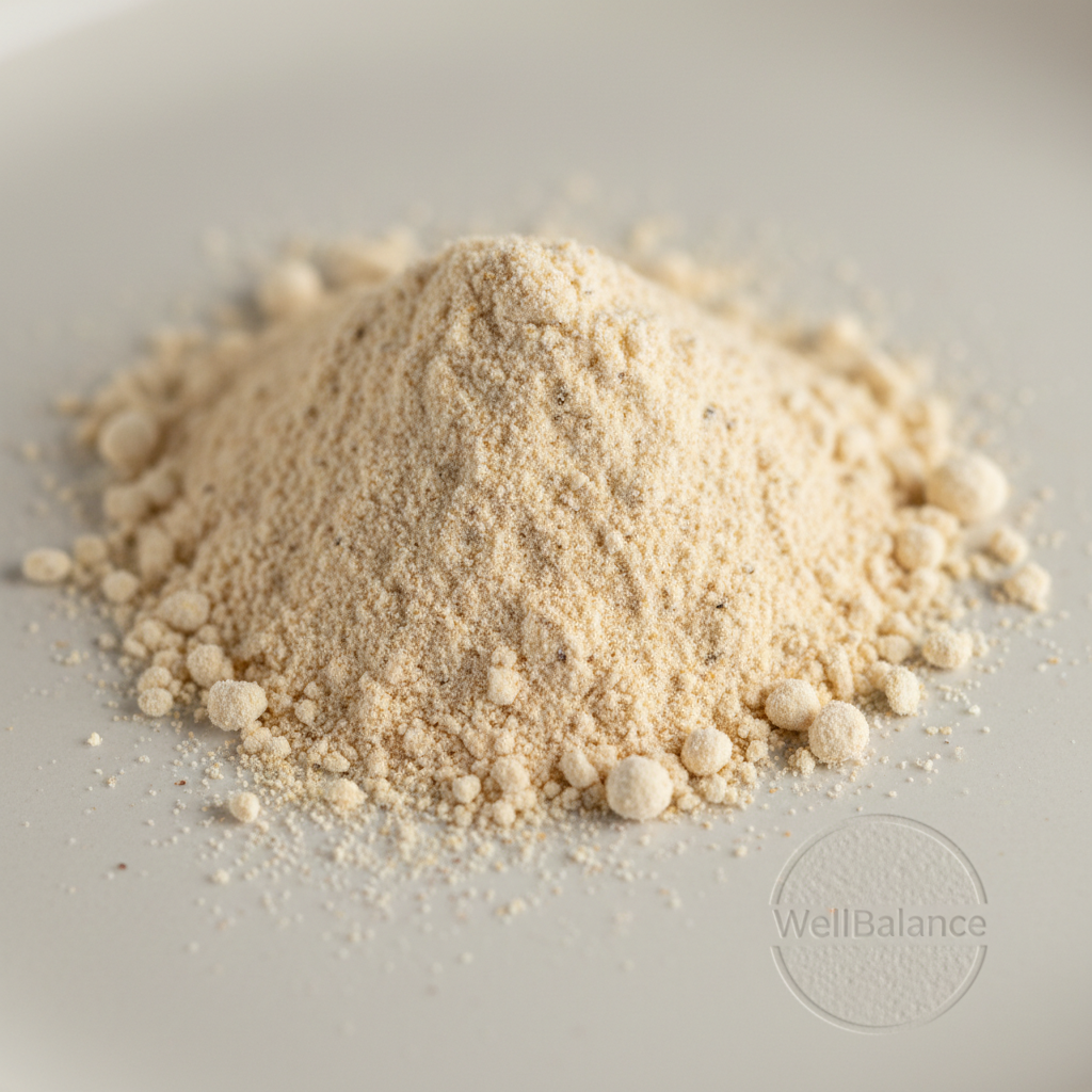 Close-up of clean protein powder ingredients in ceramic bowls, warm natural light, minimalist white surface
