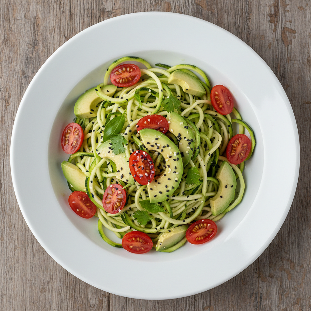 Overhead shot of raw zucchini noodle bowl with avocado and cherry tomatoes