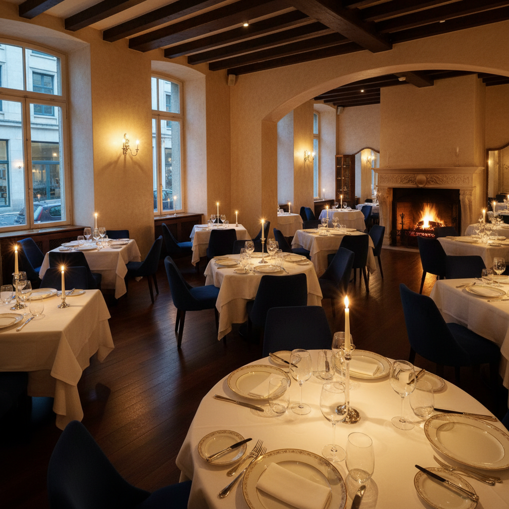 LuxeDine dining room with warm candlelight, elegant table settings, and intimate atmosphere