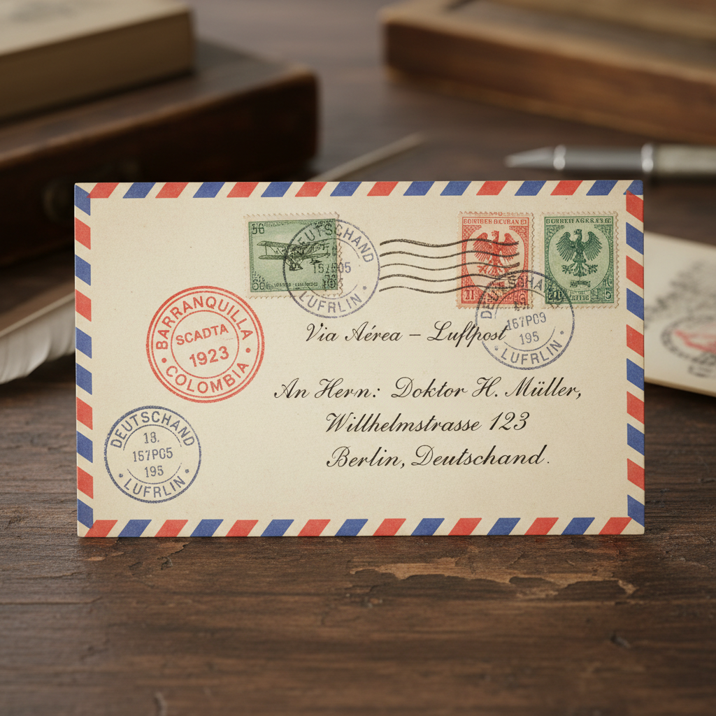 SCADTA Colombia to Germany airmail cover with red and blue border and 1923 postmarks