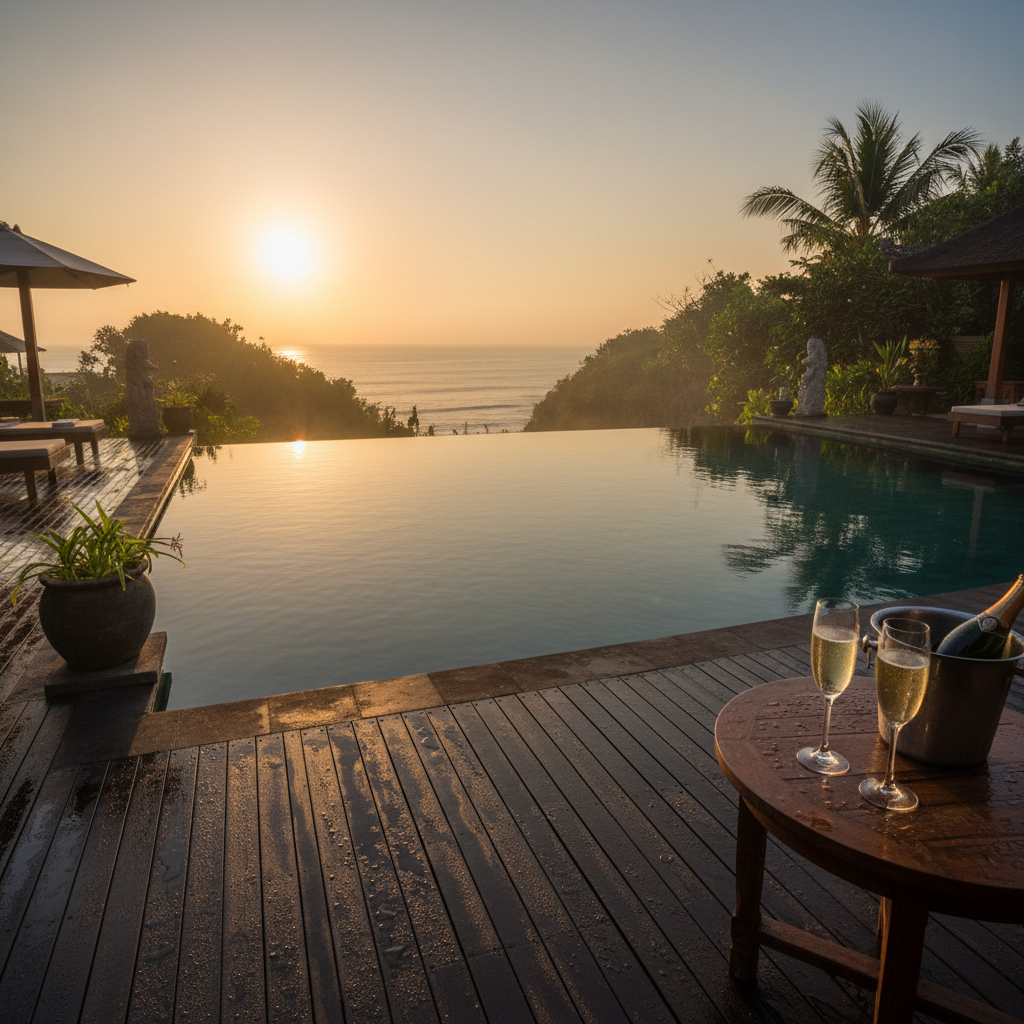 Luxury infinity pool overlooking Bali ocean at sunset