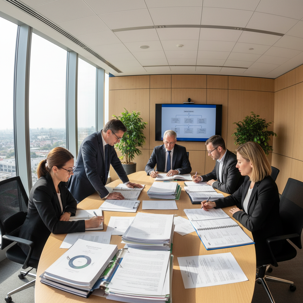 Two entrepreneurs reviewing business plan documents at a modern conference table, dim atmospheric lighting, dark wood walls