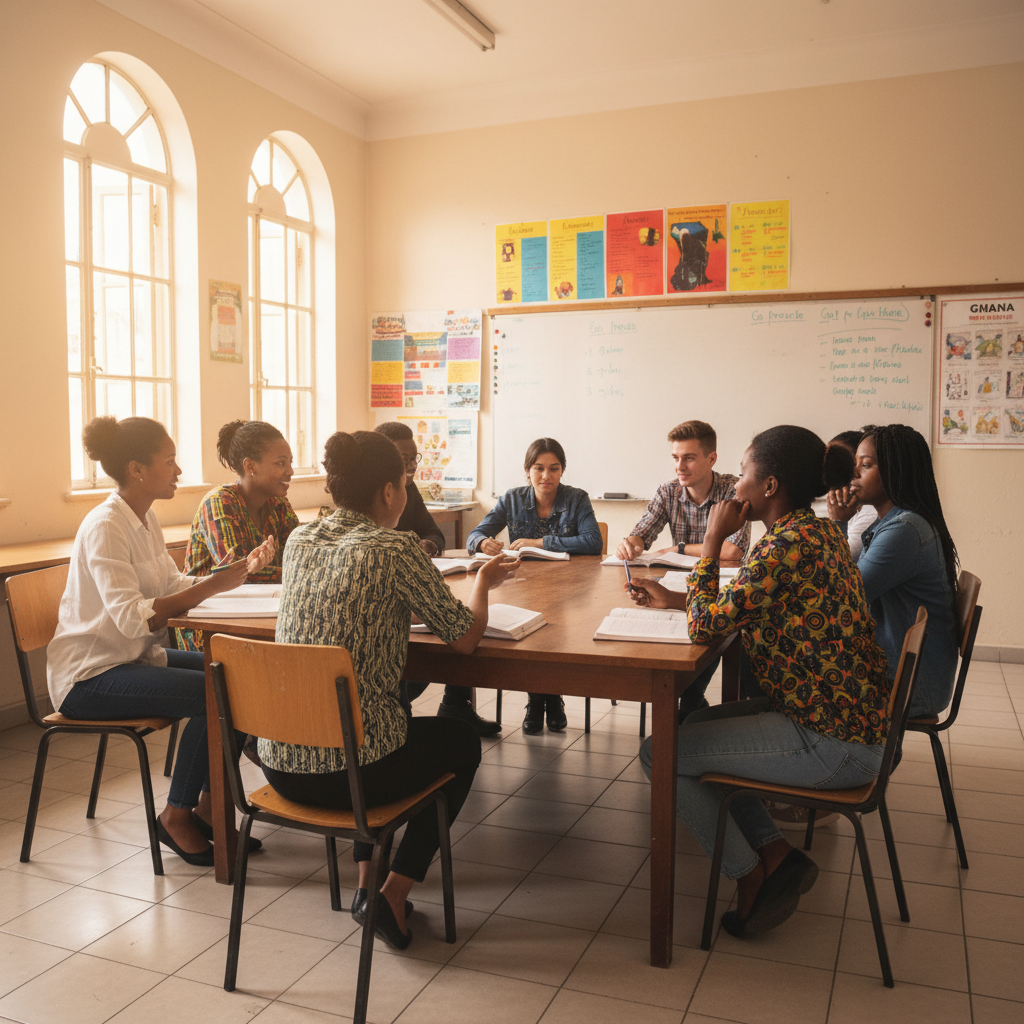 Diverse group of students in discussion in a sunlit modern classroom