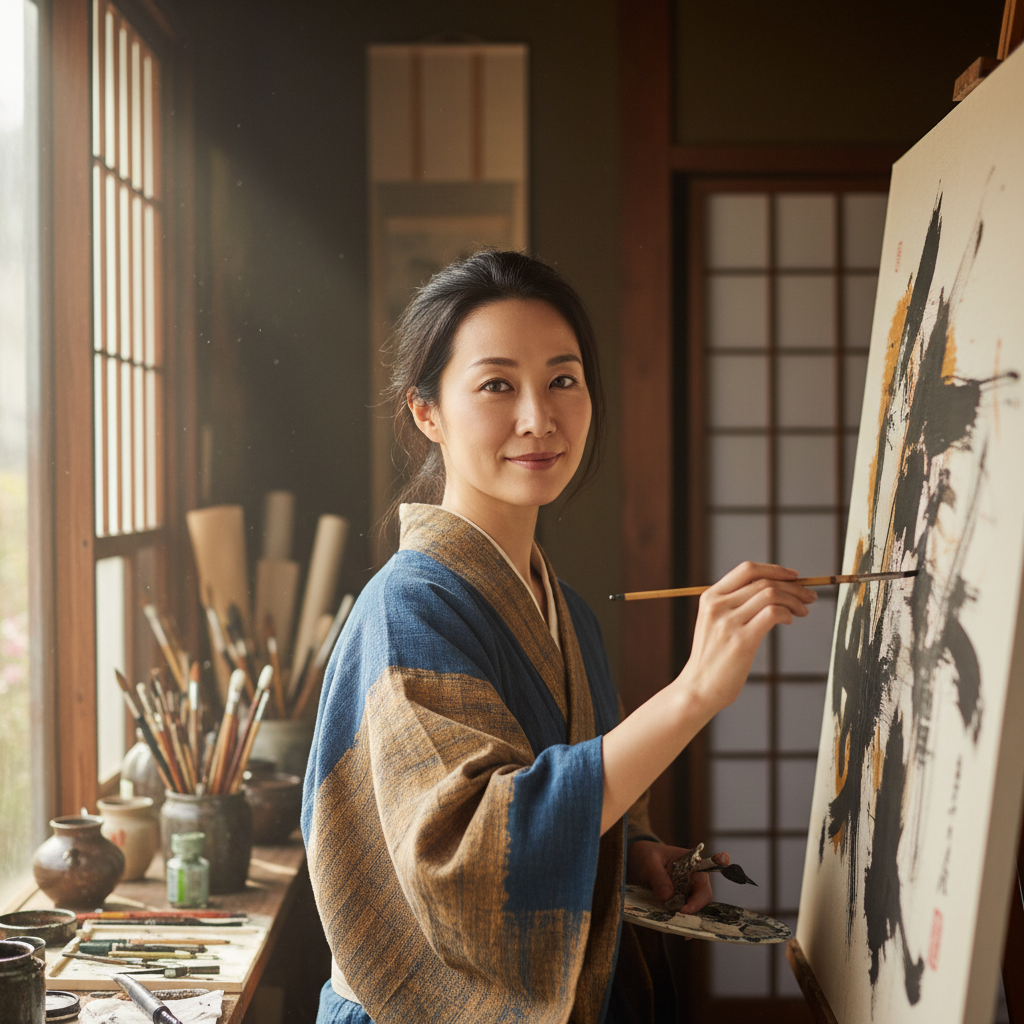 Japanese woman artist with creative and serene presence in studio setting