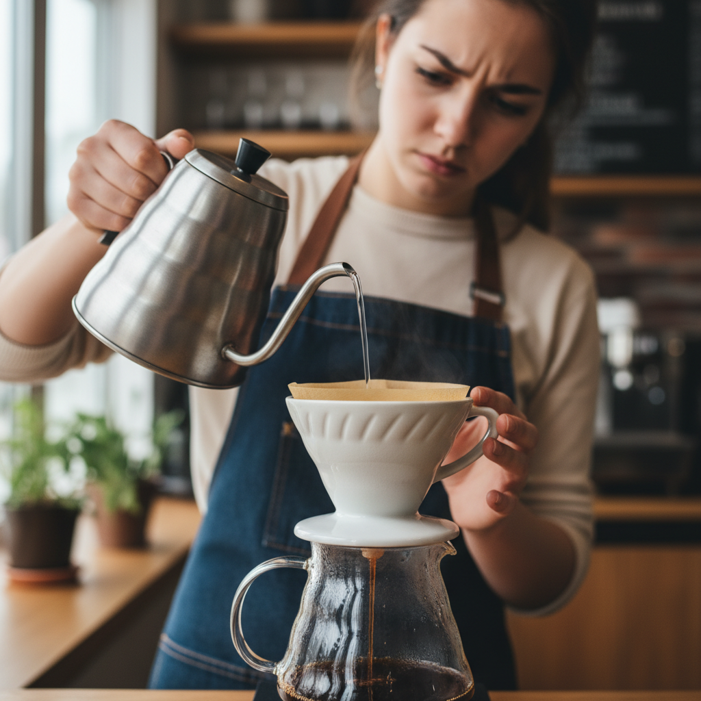 V60 pour-over coffee dripper on wooden stand with kettle pouring, steam rising, bright kitchen window light background