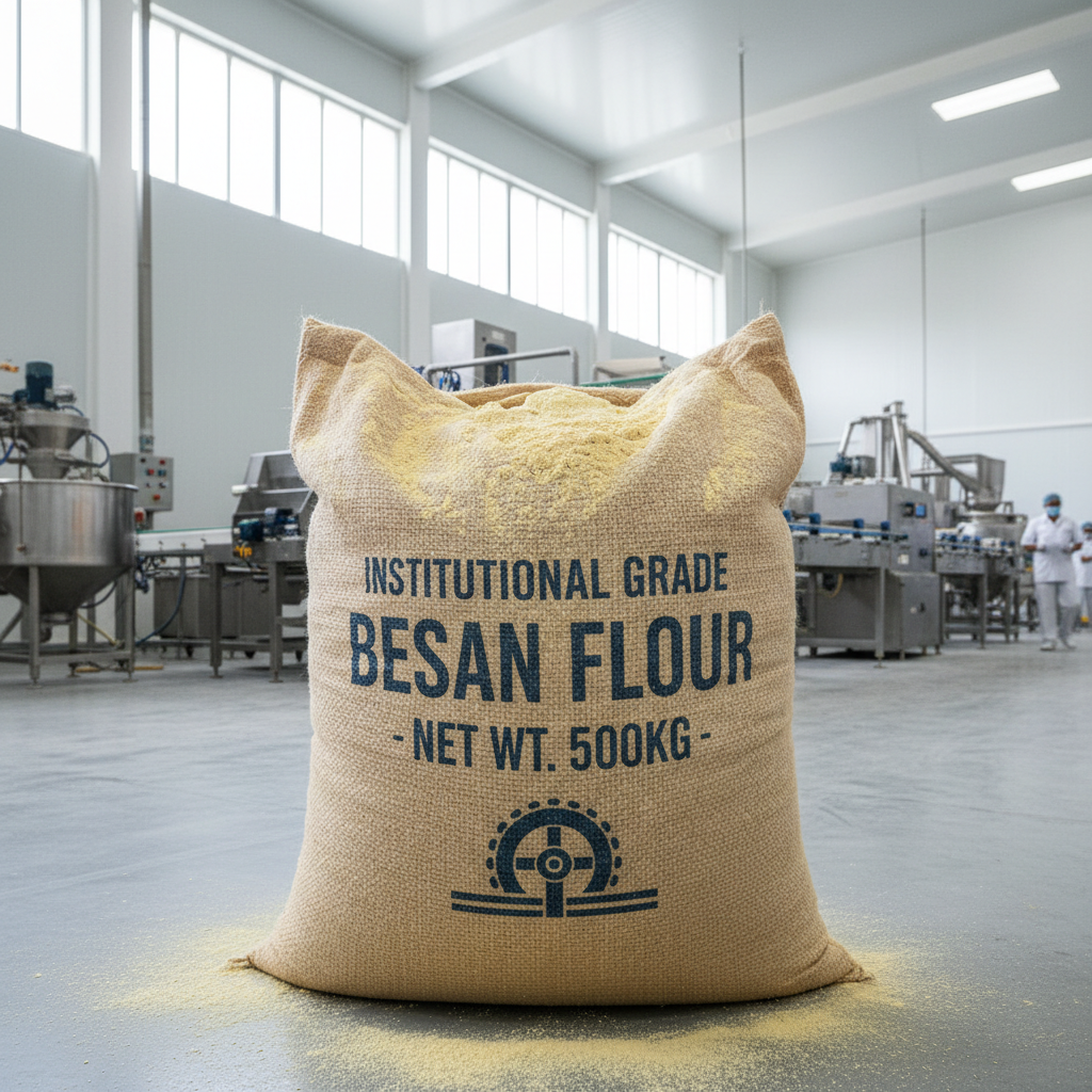 Large institutional besan sack in food processing facility with natural lighting