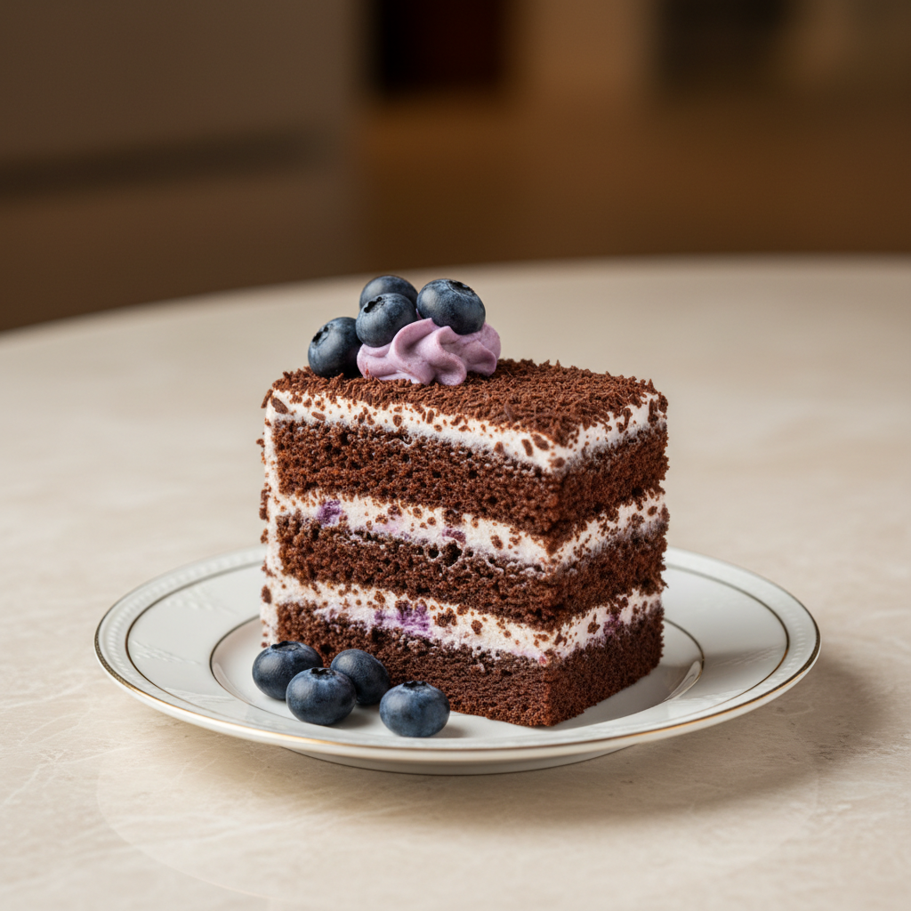Bolu Susu Blackforest layered chocolate cake with blueberry cream on elegant plate