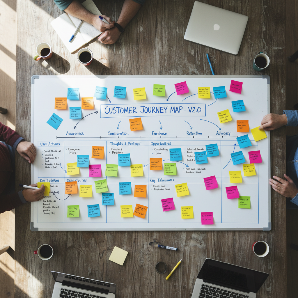 Collaborative whiteboard session with sticky notes and journey mapping framework on a table