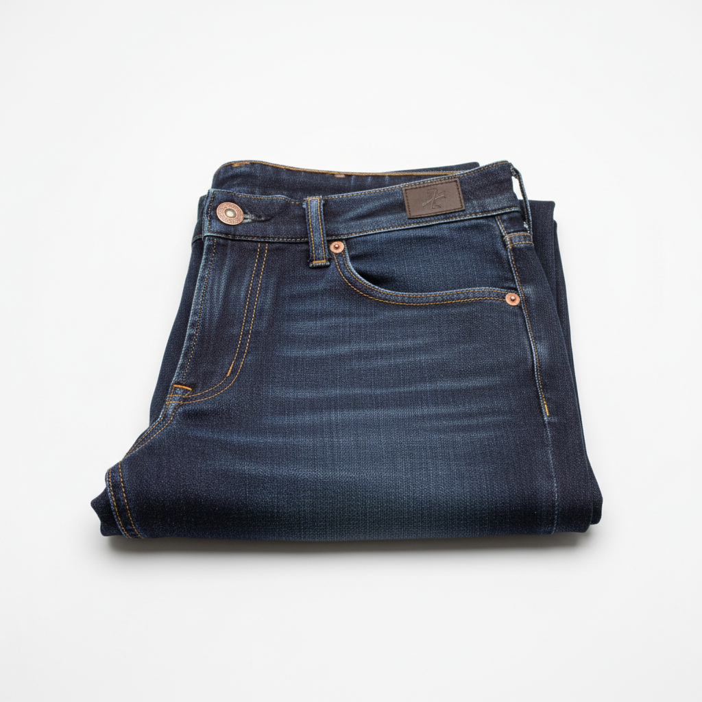 Dark indigo wide-leg jeans folded on a white surface, clean editorial light