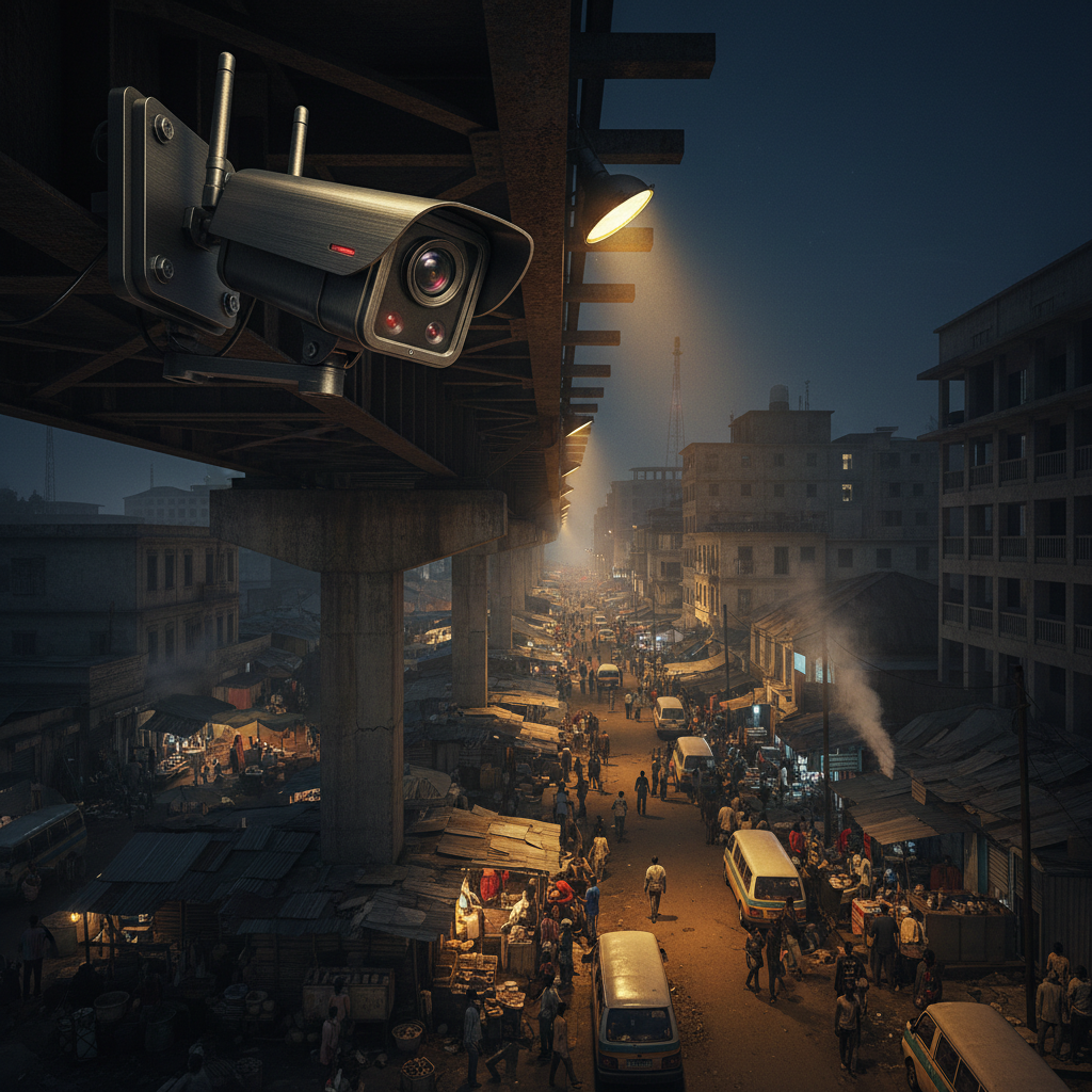 Infrastructure inspection aerial view, dark atmospheric environment with deep shadows, technical overlay