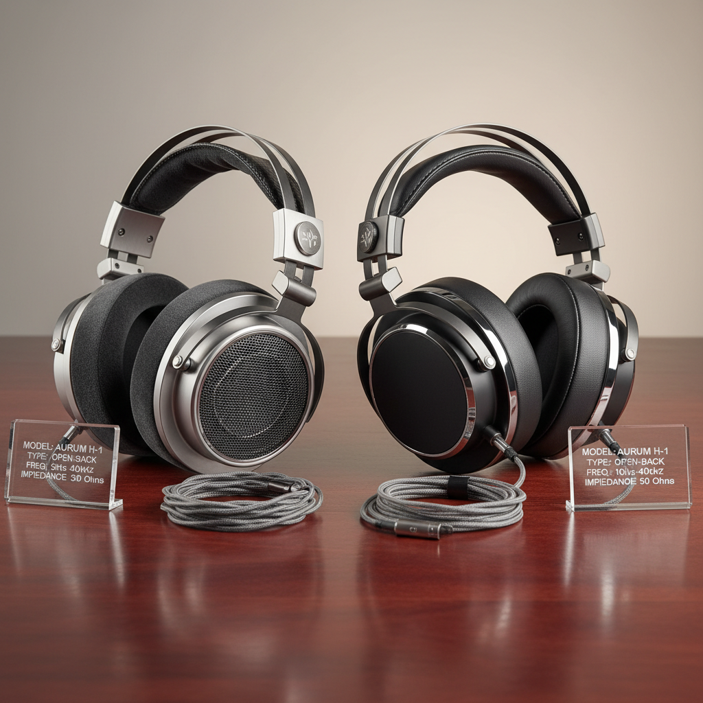 High-end open-back headphones with large ear cups on gray background, audiophile grade