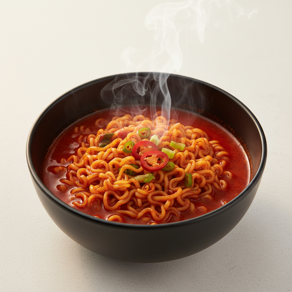 Fiery red spicy Korean instant noodles in a black bowl with steam