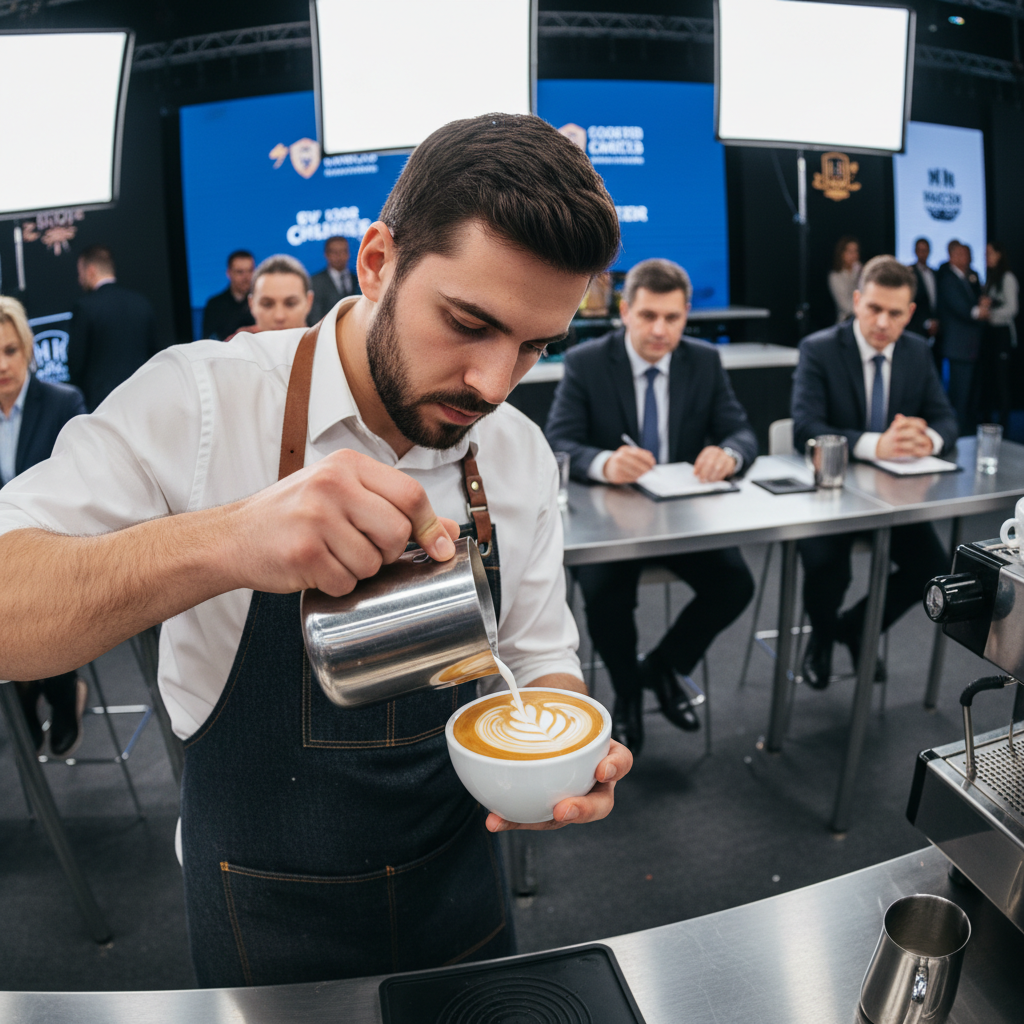 Latte art competition with baristas showcasing their skills to a judging panel