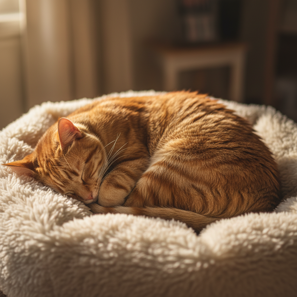 A shy cat curled up on a soft fleece bed in a quiet, warmly lit room