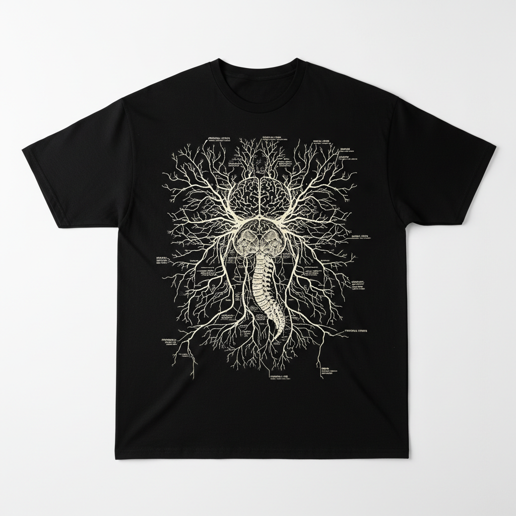 Black oversized tee with intricate nerve-map anatomical illustration printed chest