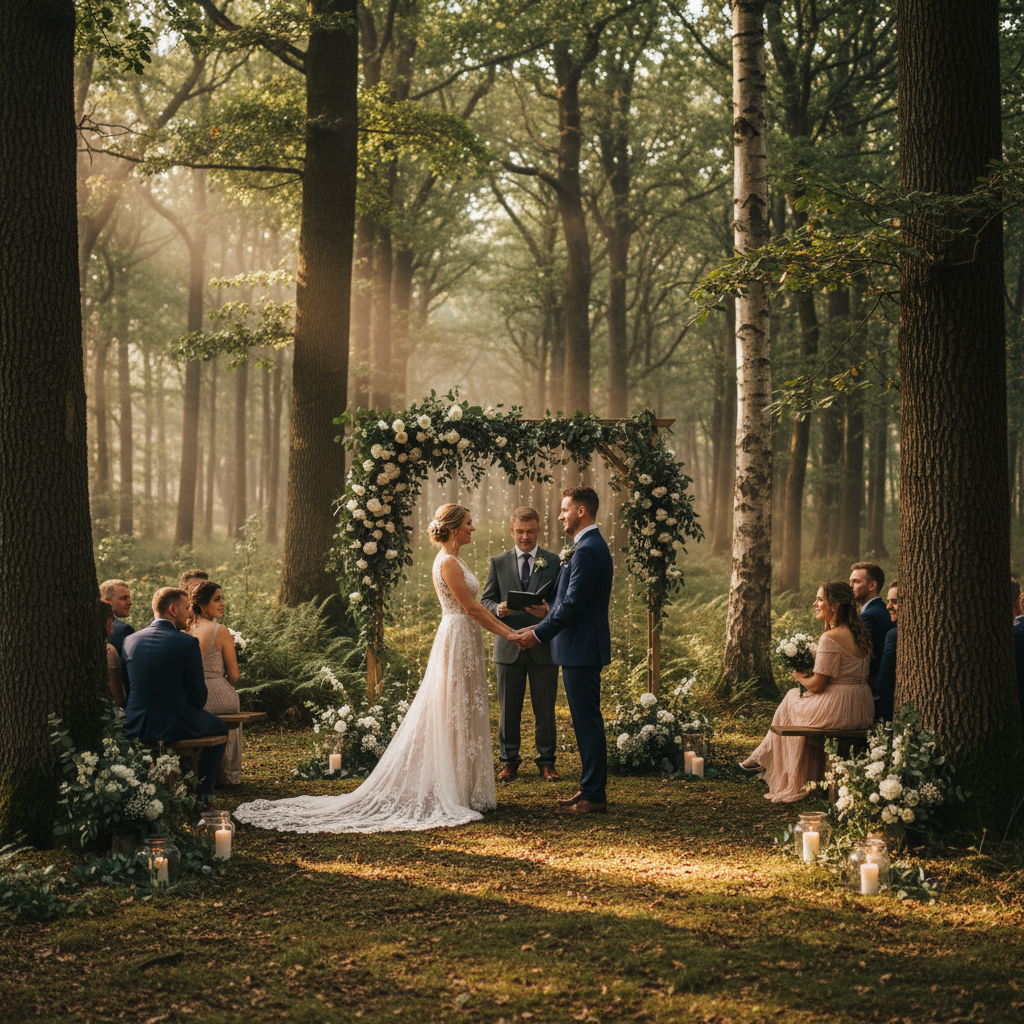 Wedding ceremony in a forest clearing with dappled golden light