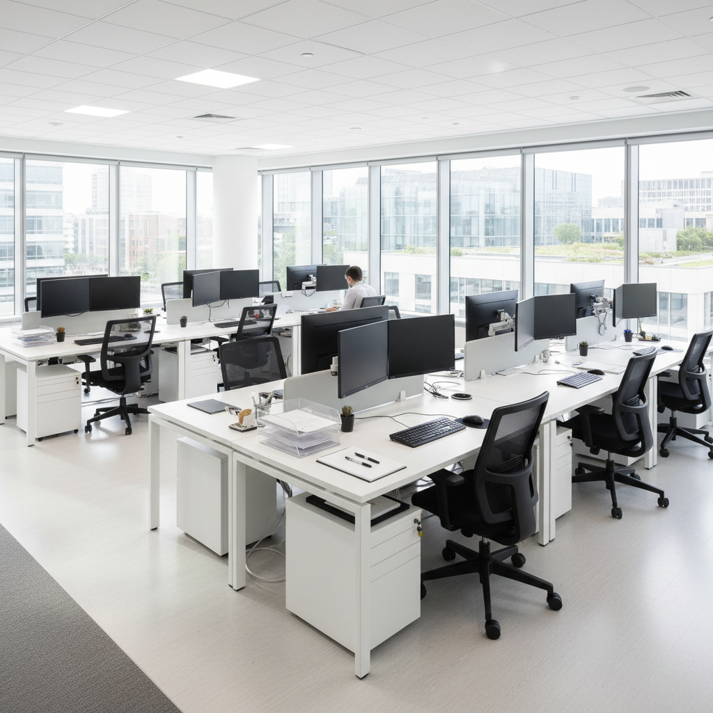 Modern startup office with open floor plan, bright natural light, large windows overlooking city