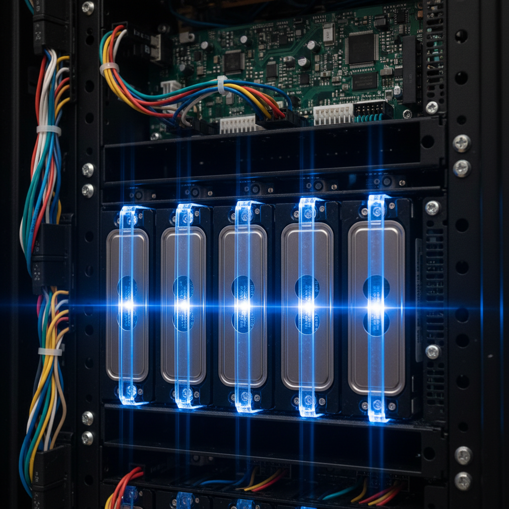 Close-up of enterprise flash storage array with blue LED indicators in a dark data center, cool blue ambient lighting, precision hardware detail